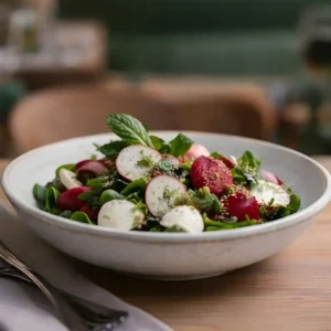 Salade de jeunes pousses et radis croquants avec fromage frais fermier et vinaigrette au miel et citron bio.
