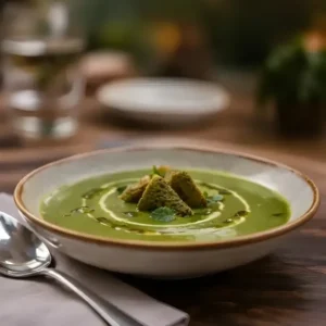 Velouté de petits pois à la menthe fraîche servi en assiette avec croûtons maison et filet d’huile d’olive.