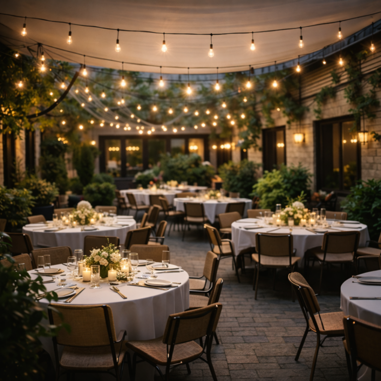 Vue générale de la cour végétalisée du restaurant La Cour à Paris 11 avec tables dressées et guirlandes lumineuses.