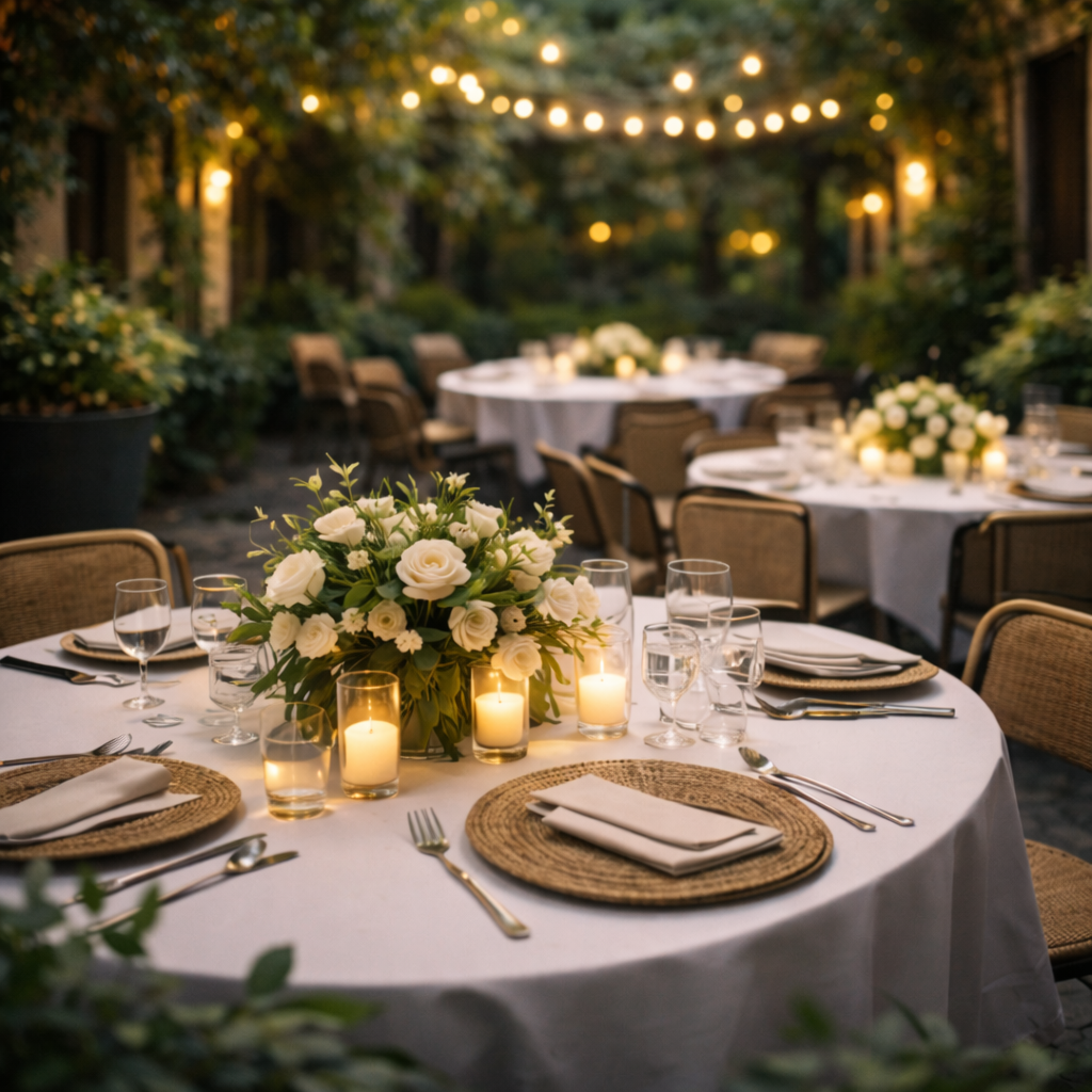 Table décorée avec fleurs et bougies dans la cour du restaurant La Cour à Paris 11.