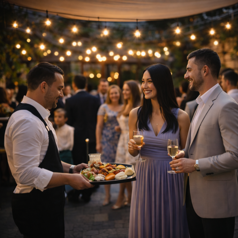 Serveur apportant des amuse-bouches lors d’un cocktail dans la cour privative du restaurant La Cour à Paris 11.