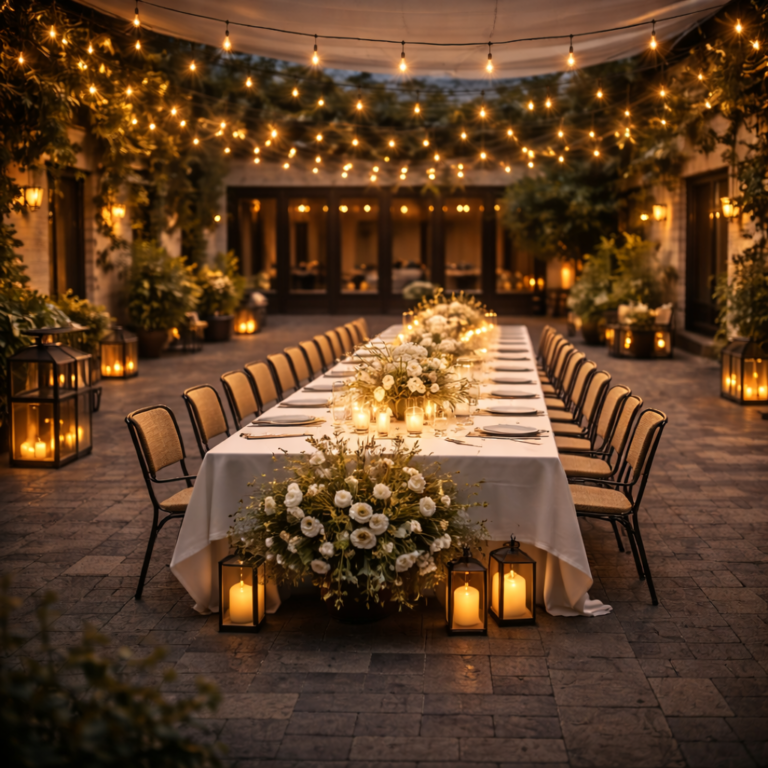 Longue table élégamment dressée dans la cour du restaurant La Cour à Paris 11 pour un dîner privé.